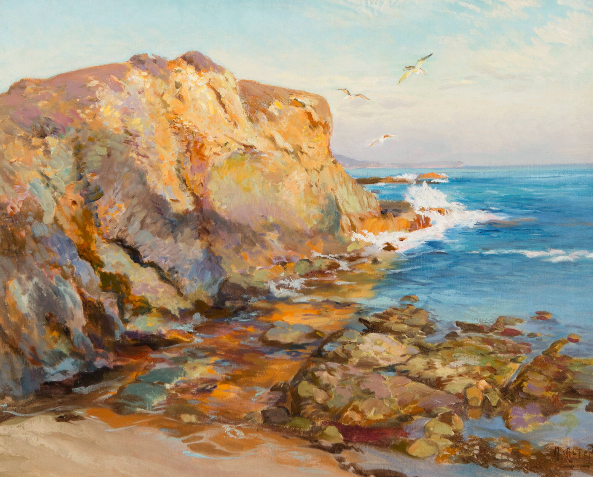 Painting of a rocky beach shore, white waves crashing along blue coast of the water.